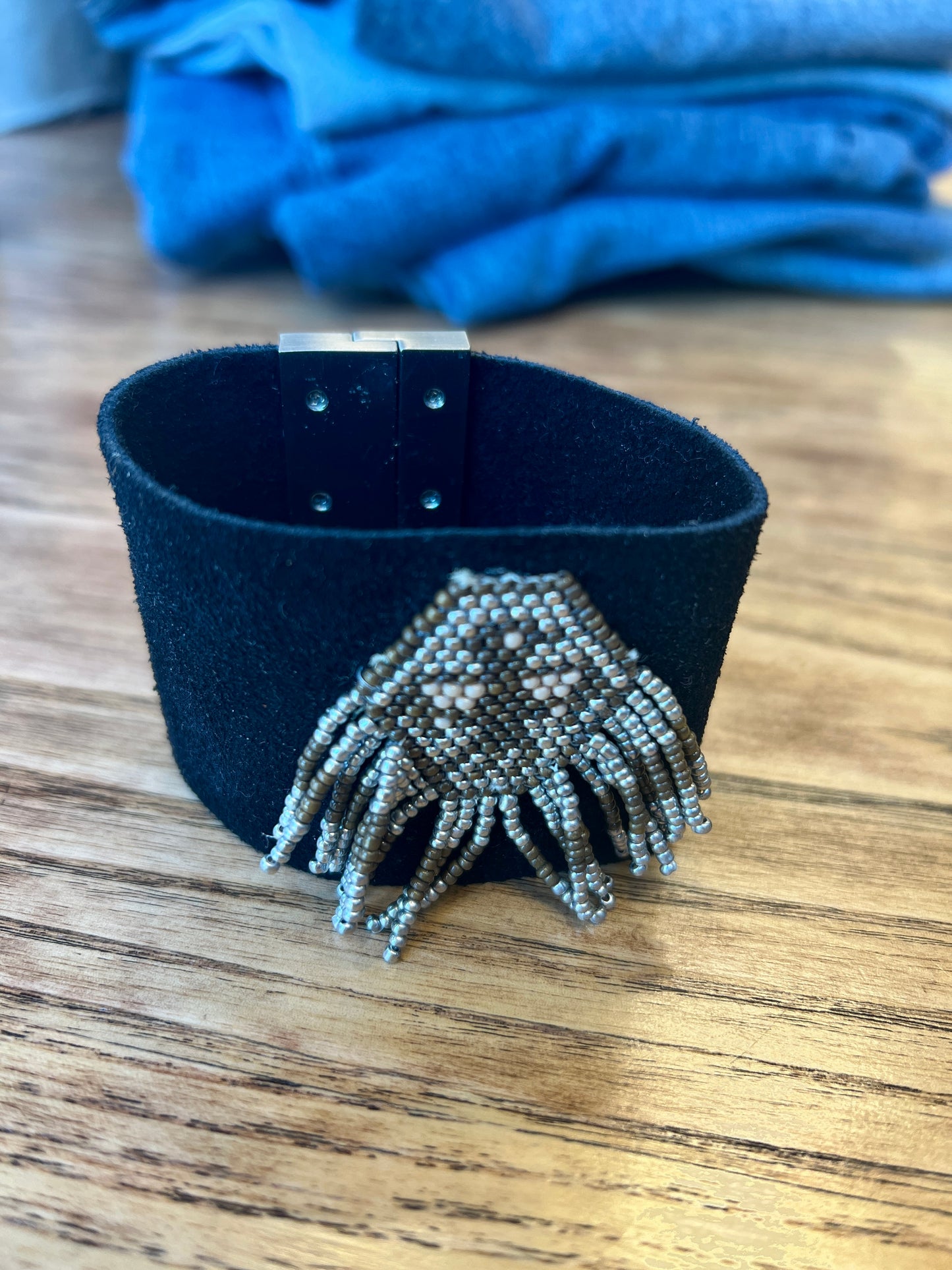 HIPANEMA Black and Beaded Cuff with Magnetic Clasp