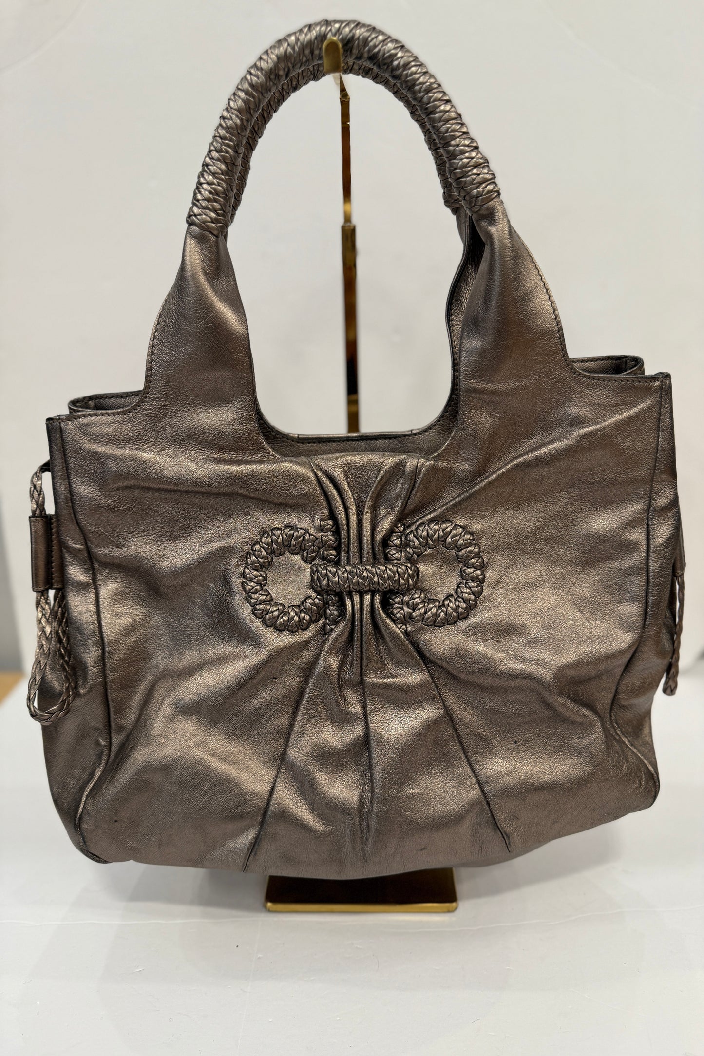 SALVATORE FERRAGAMO Leather Braided Accent Handle Bag
