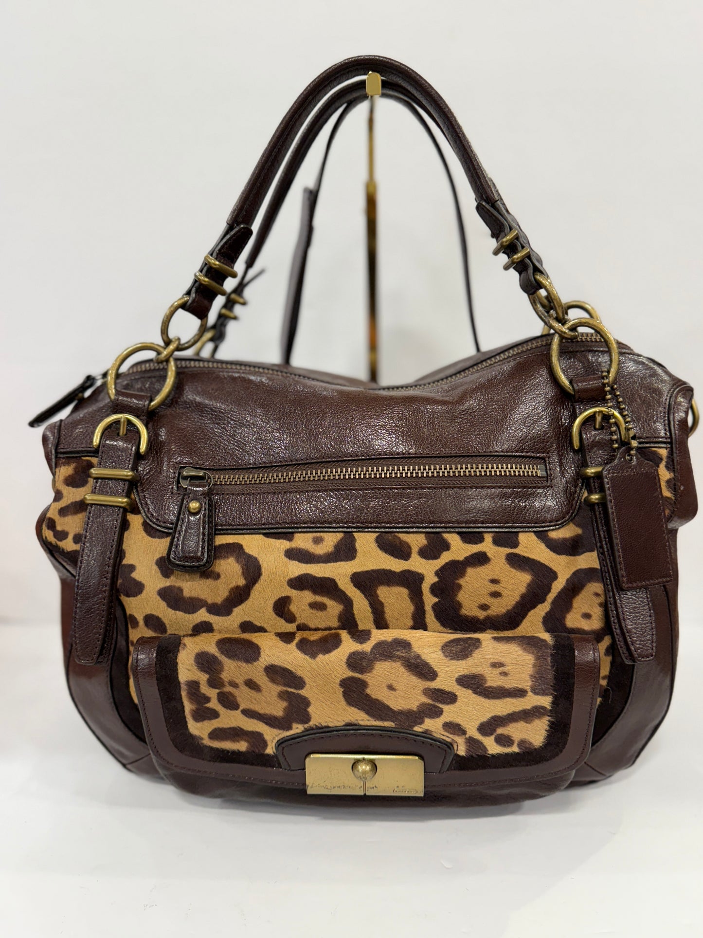 COACH Kristin Leather and Leopard printed Calf Hair Hobo Bag