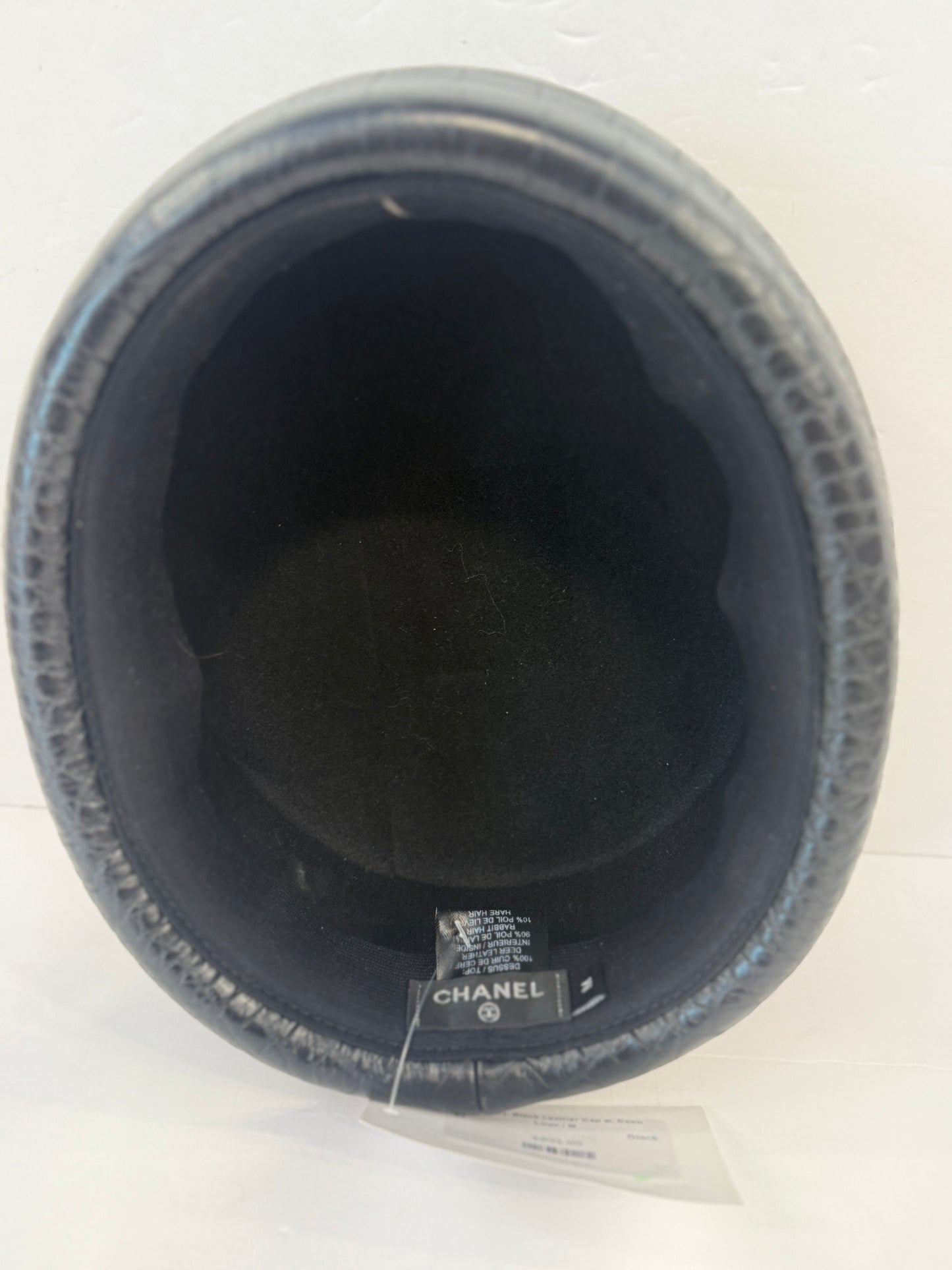 CHANEL Black Leather Hat w. Coco Logo / M