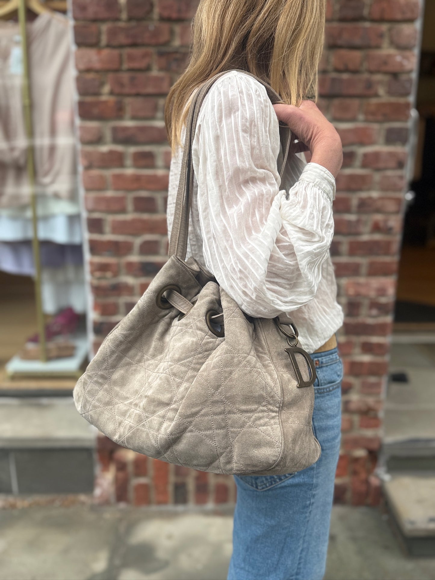 CHRISTIAN DIOR Vintage Suede Cannage Drawstring Bag Grey