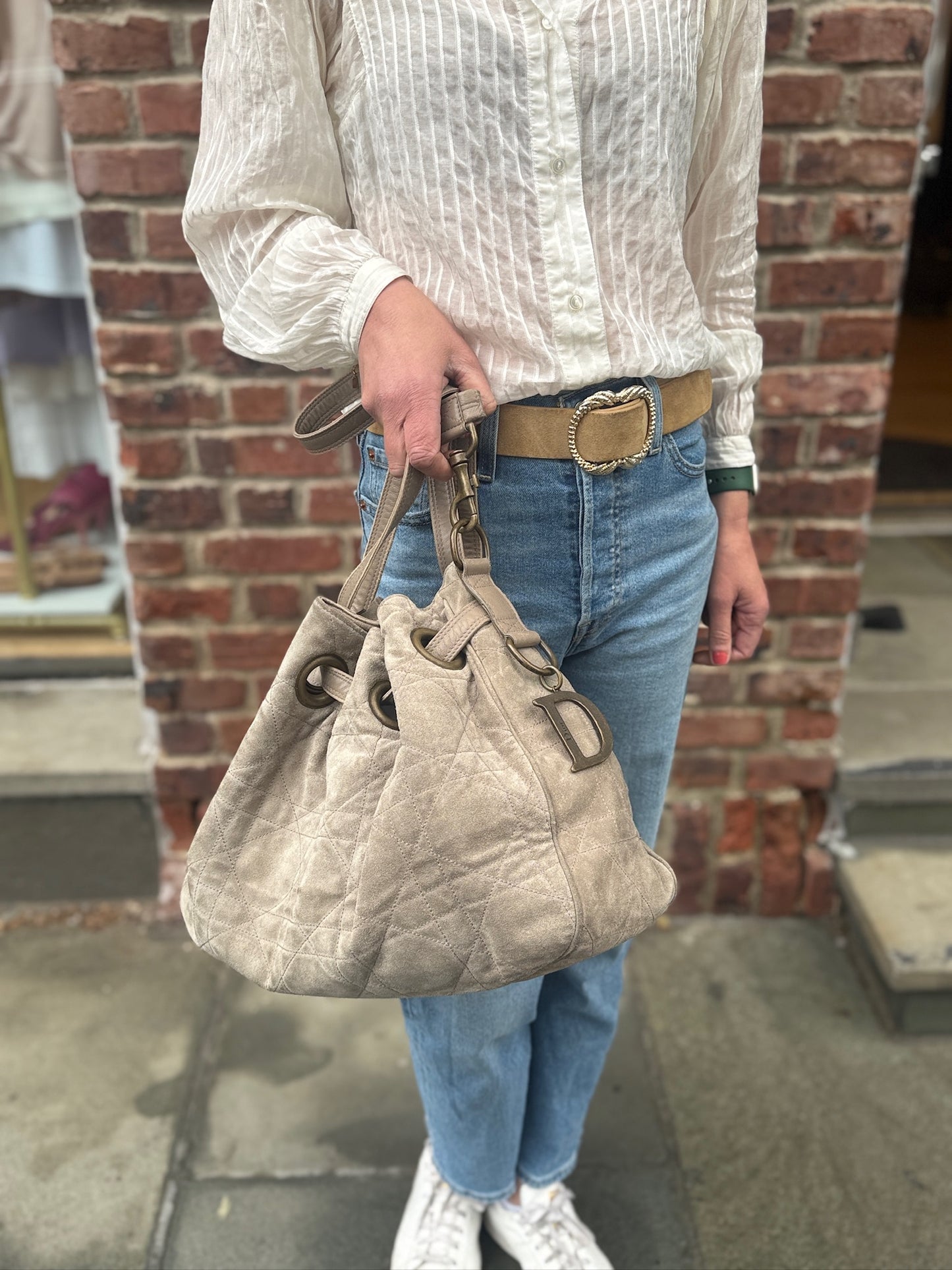 CHRISTIAN DIOR Vintage Suede Cannage Drawstring Bag Grey