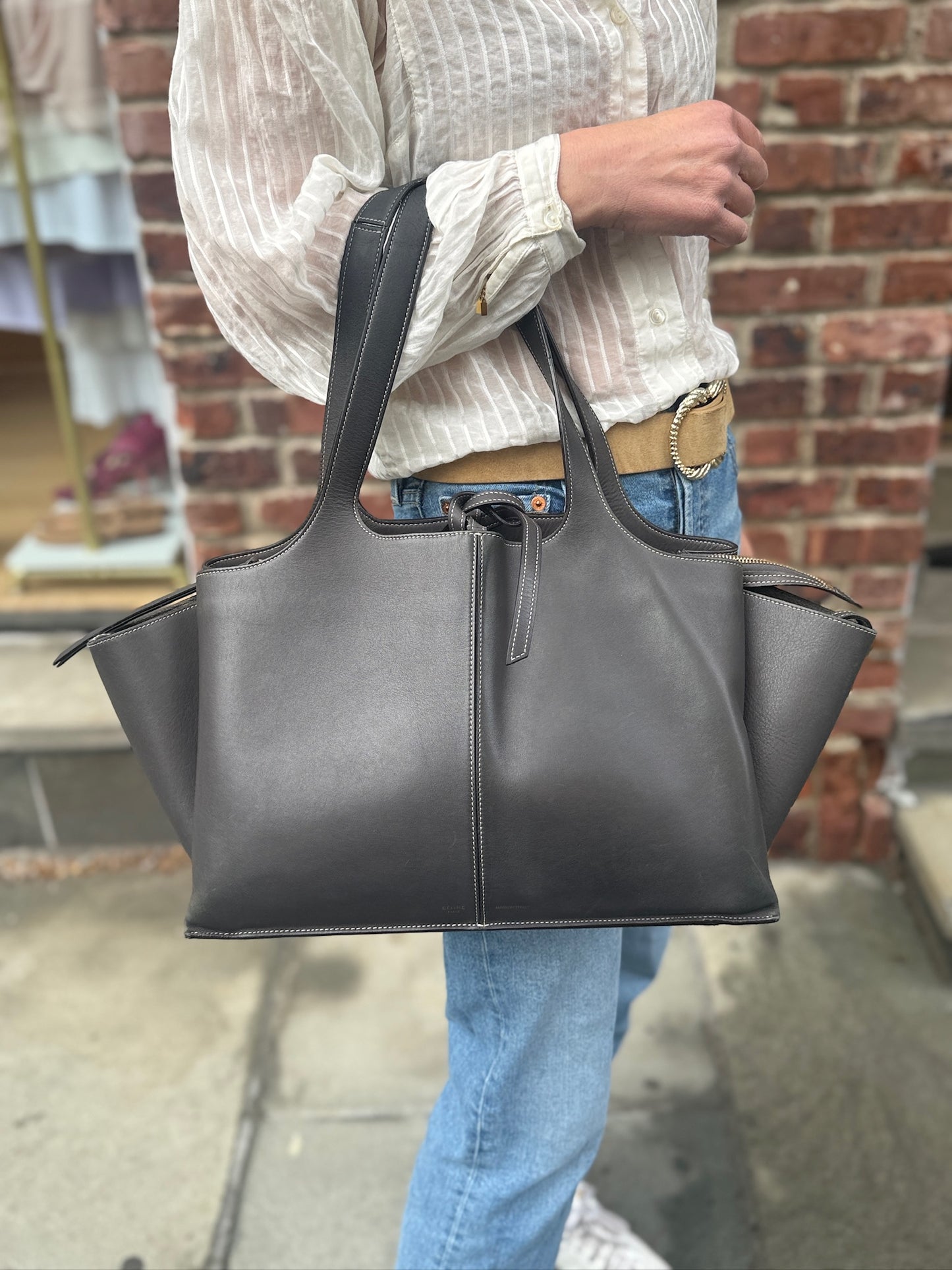 CELINE Tri-Fold Grey Leather Tote