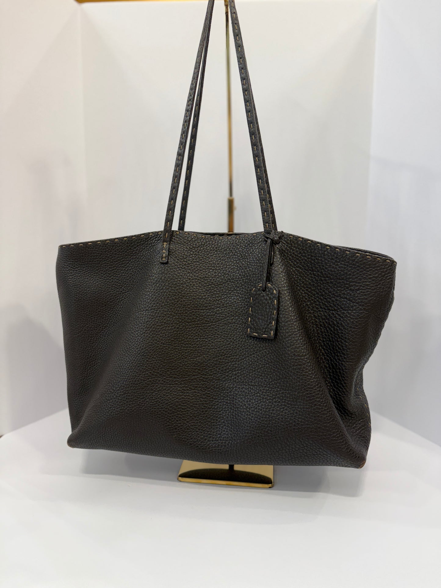 FENDI Selleria Leather Brown Stitch Tote Bag