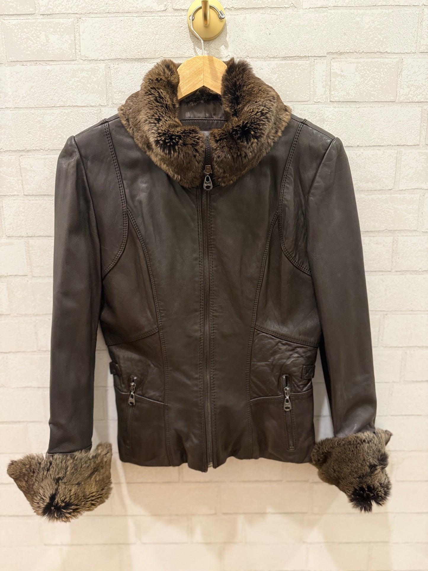 ANDREW MARC Rabbit Fur Collar Leather Jacket/S
