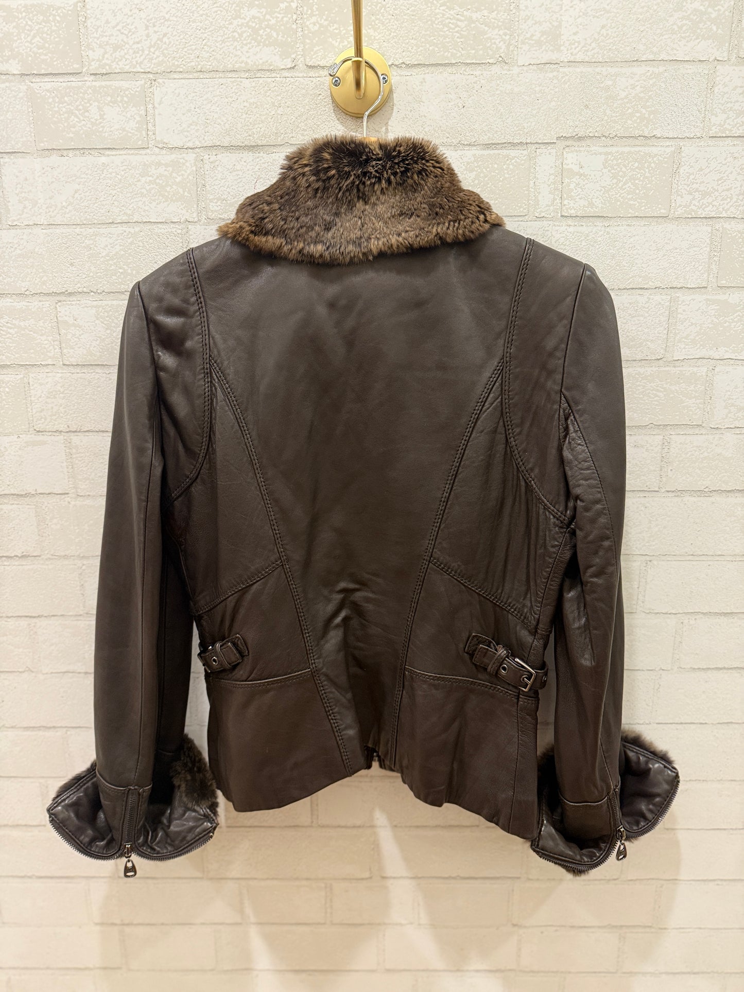 ANDREW MARC Rabbit Fur Collar Leather Jacket/S