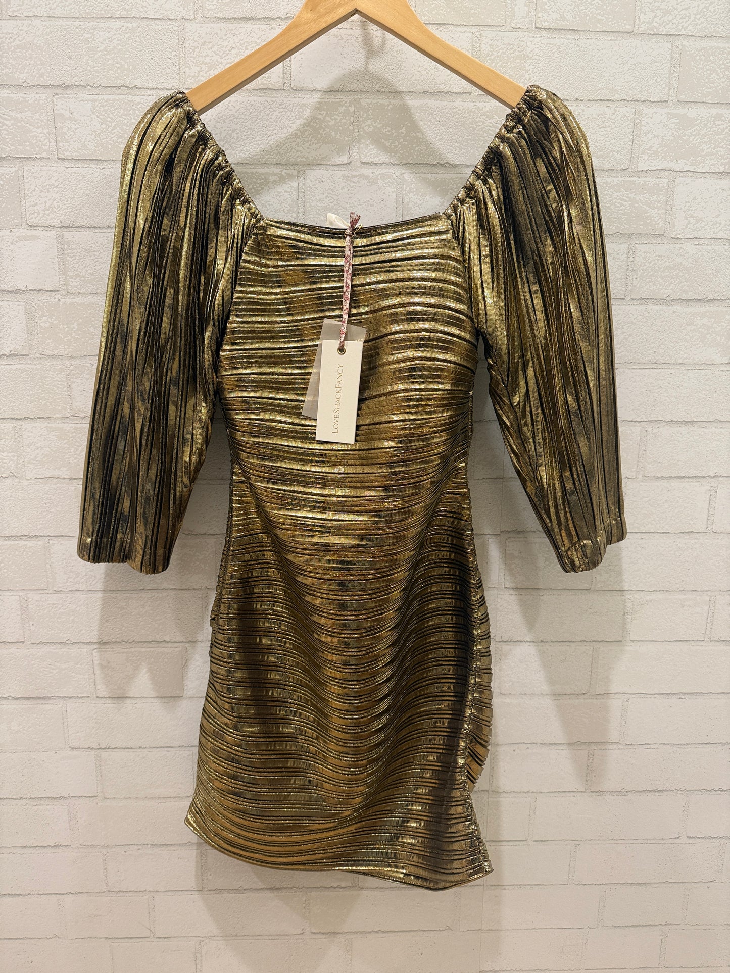LOVESHACKFANCY NWT 3/4 Sleeves Mini Gold Dress/ US S-EU36