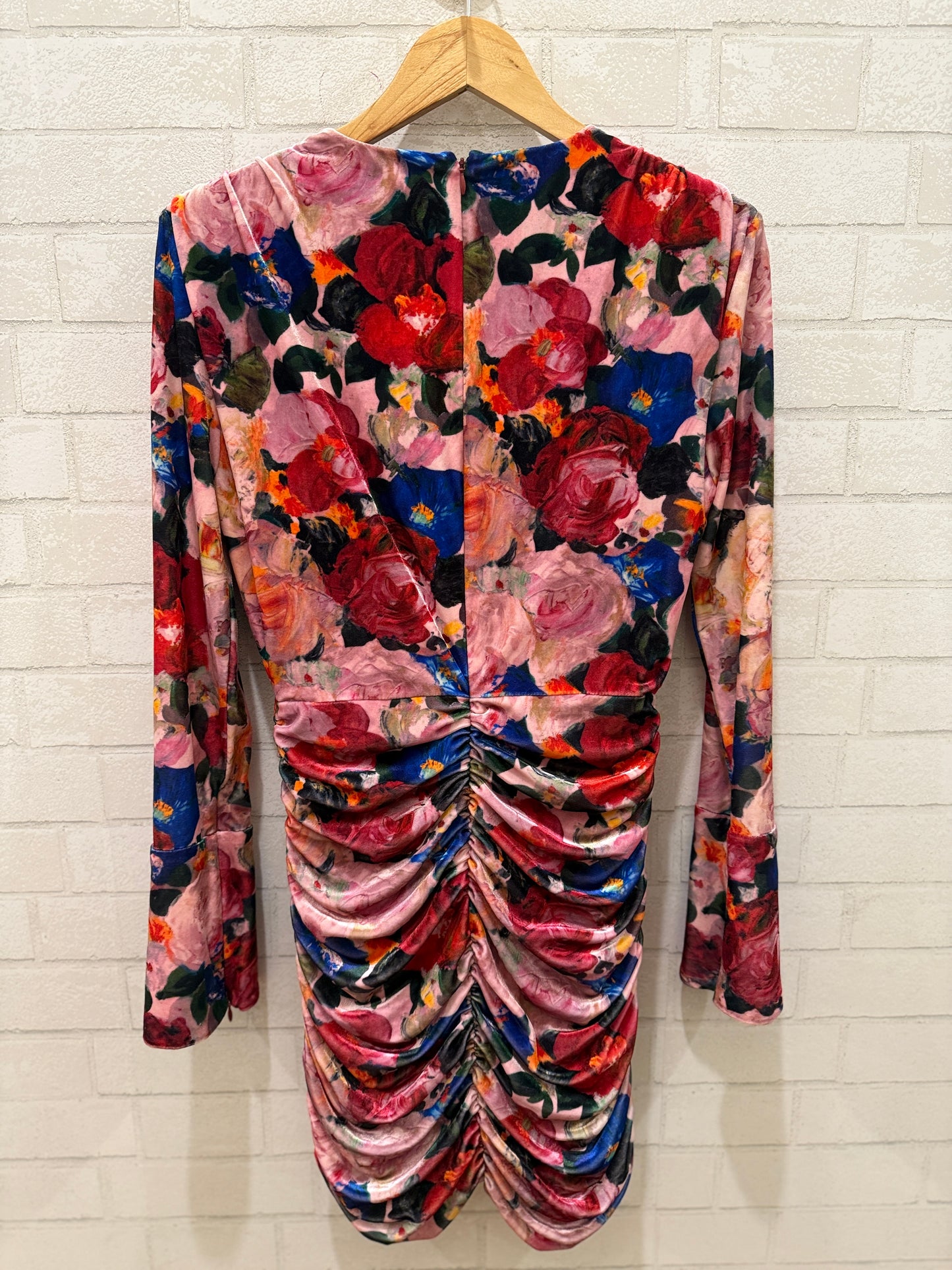 RONNY KOBO Mini Pink LS Floral Print Rushed Dress / M