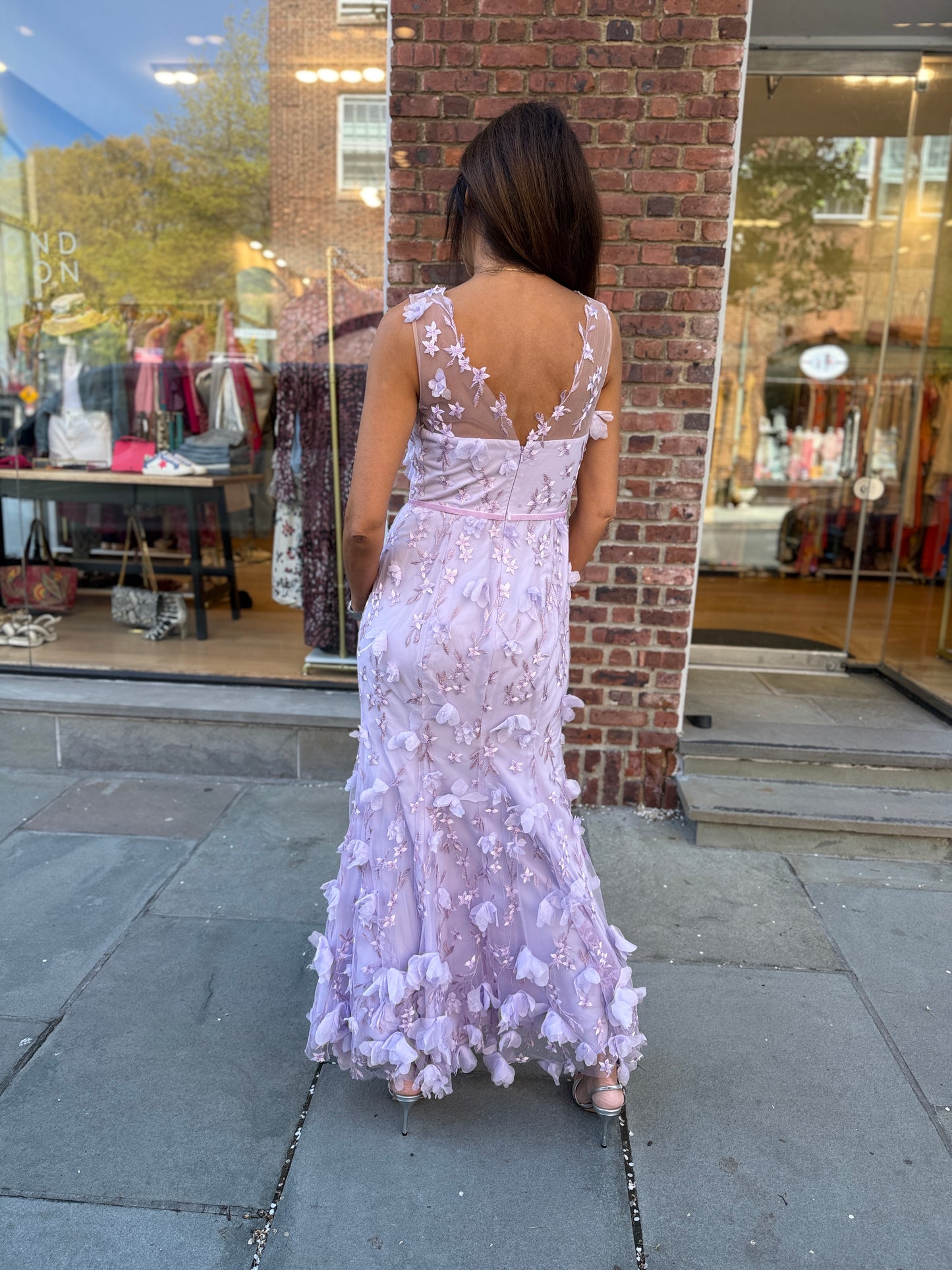 MARCHESA NOTTE Long V-Neck 3D Flowers Dress/ US:8- EU:M