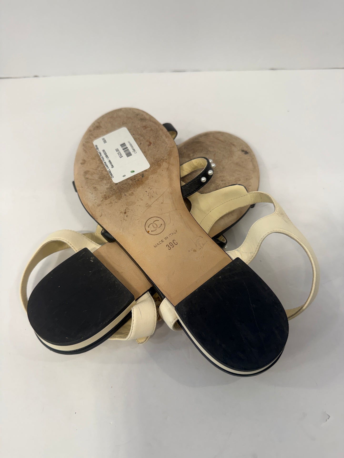 CHANEL Leather Faux Pearl T-Strap Sandals / US8-EU39
