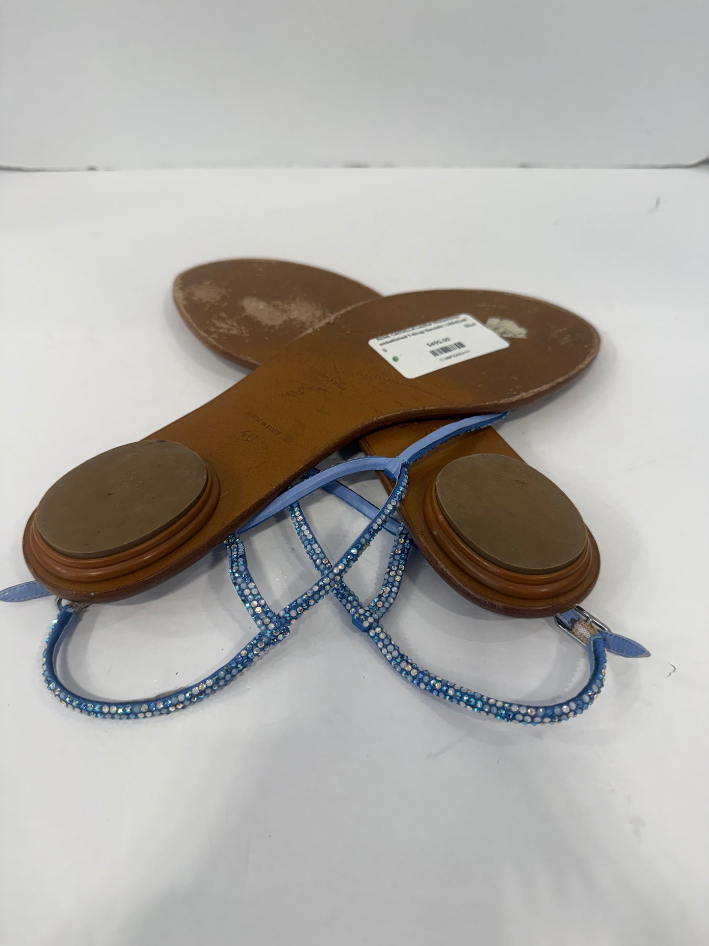 RENE CAOVILLA Leather Rhinestones embellished T-Strap Sandals / US9-EU40