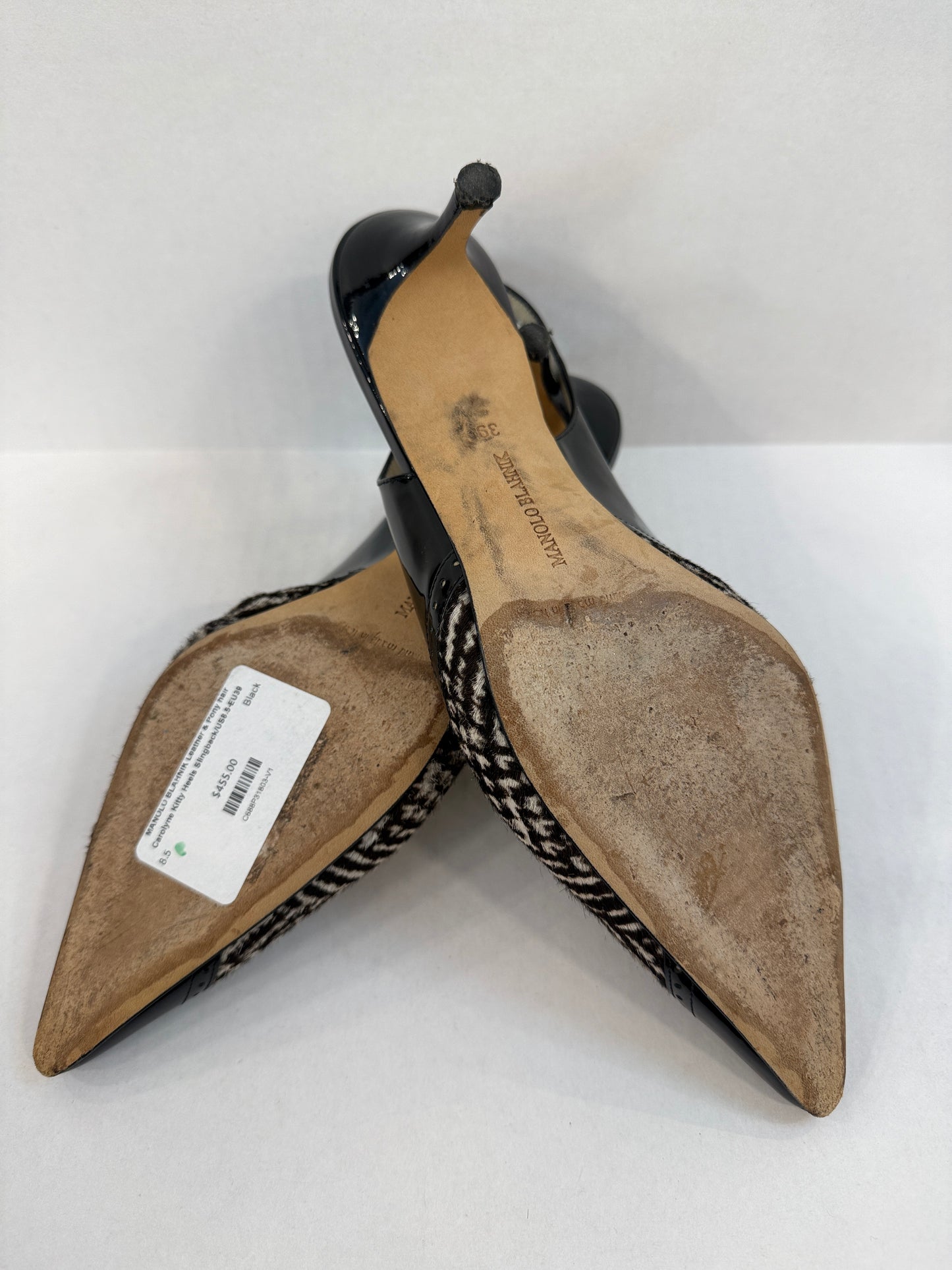 MANOLO BLAHNIK Leather & Pony hair Carolyne Kitty Heels Slingback/US8.5-EU39