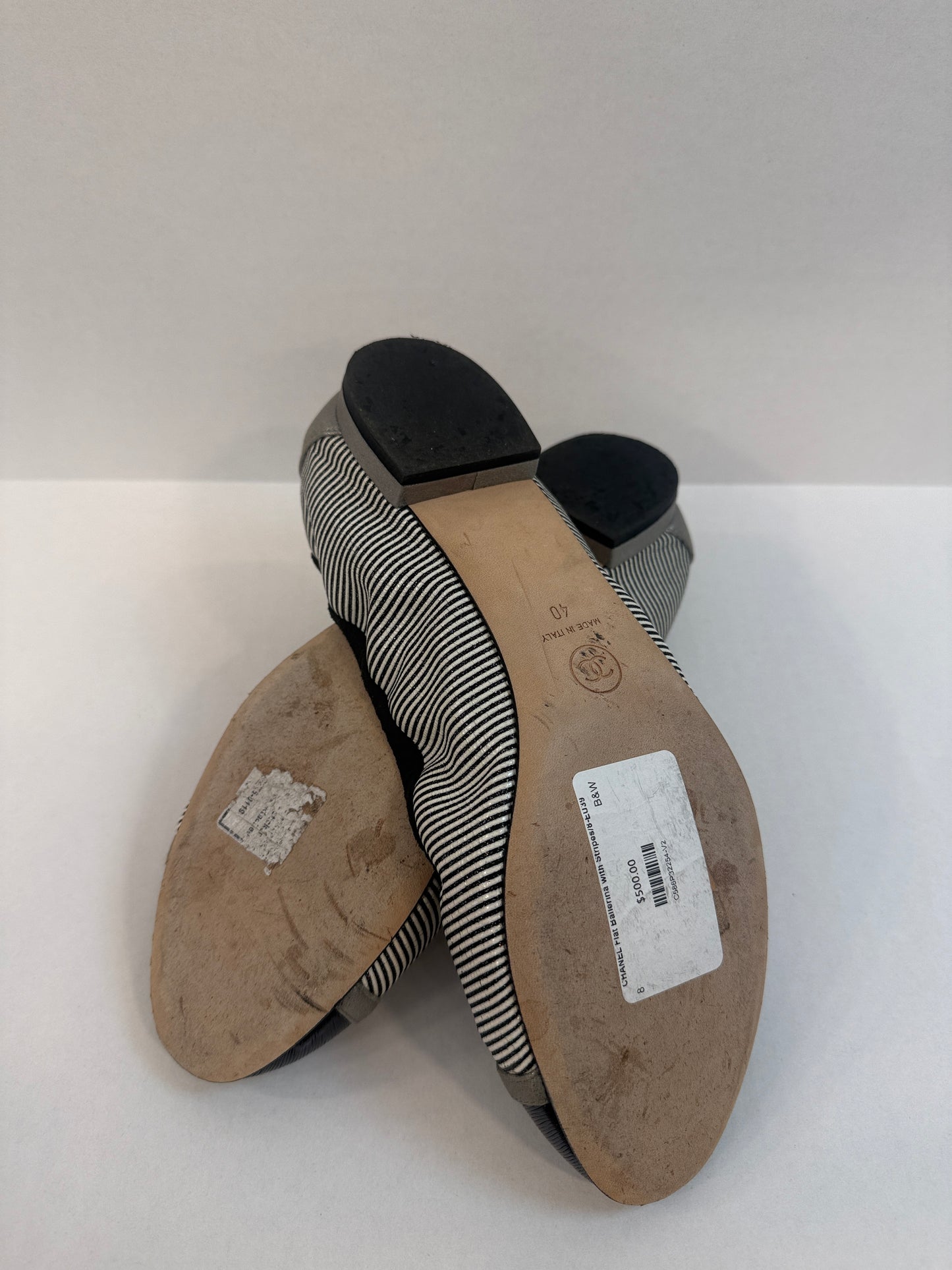 CHANEL Cap-Toe Ballet Flat in Striped Gros Grain/US8-EU39