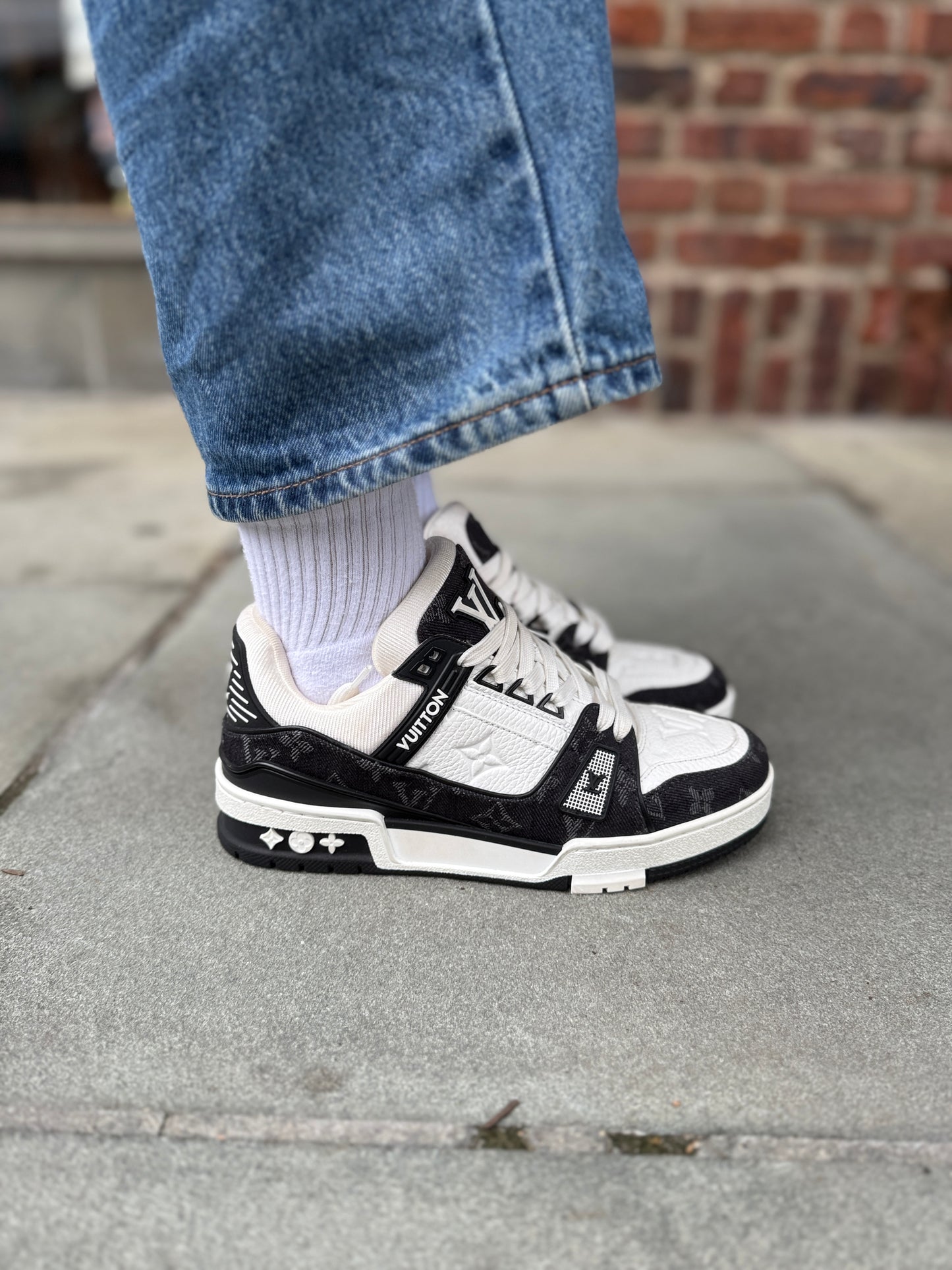 LOUIS VUITTON LV Trainer Sneakers in White Leather & Black Monogram Denim — Authentic Pre-Owned | Virgil Abloh | US7-EU37.5