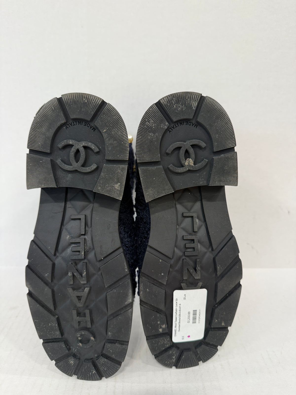 CHANEL Wool Tweed Calfskin Lace Up Combat Boots/US6.5-EU37.5
