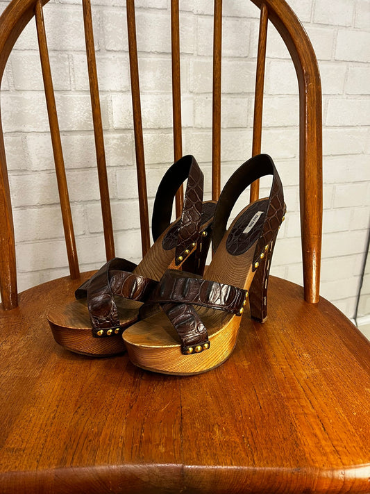 MIU MIU High Wooden heel Leather Sandals US7-EU37.5