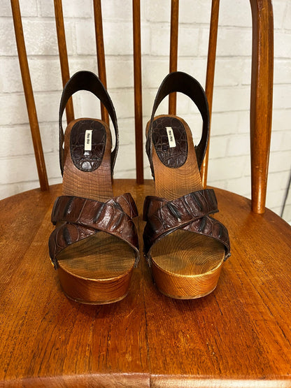 MIU MIU High Wooden heel Leather Sandals US7-EU37.5