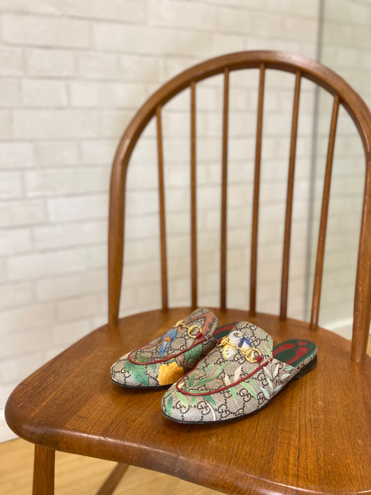 GUCCI horsebit floral mules/ 37.5-7