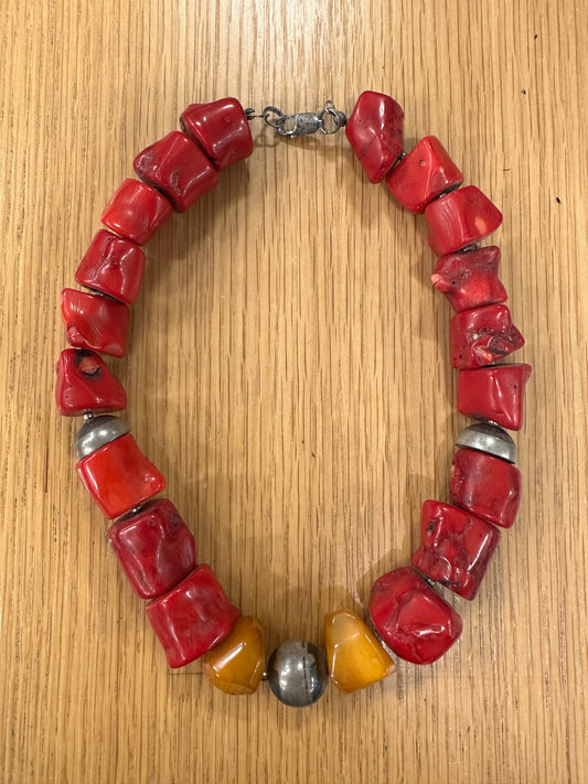 Coral and Amber stones  and silver necklace
