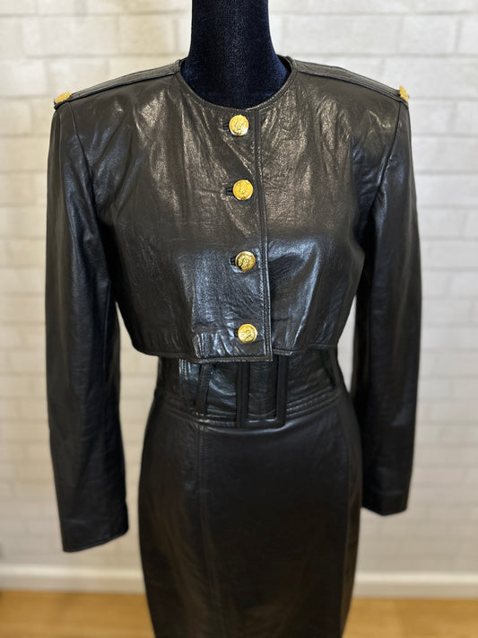 PAMELA Dennis Vintage Cropped Leather Jacket with gold buttons / S-US6