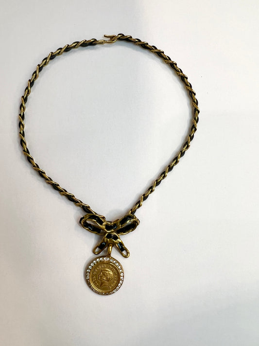 CHANEL Vintage Mademoiselle Medallion leather and chain chocker