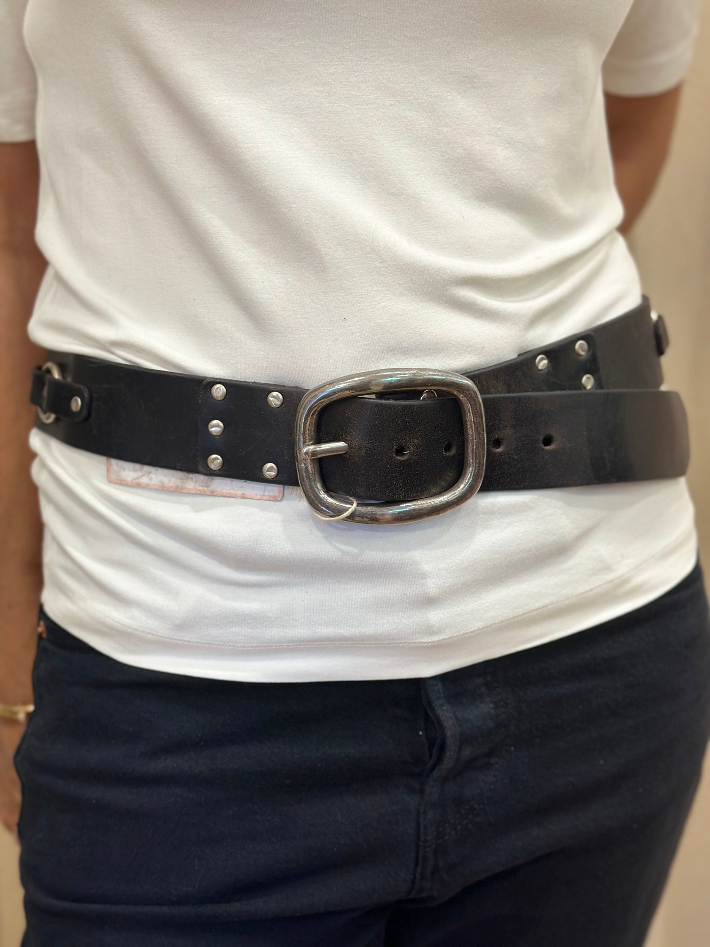 NO BRAND Leather Belt with Silver Buckle / XL