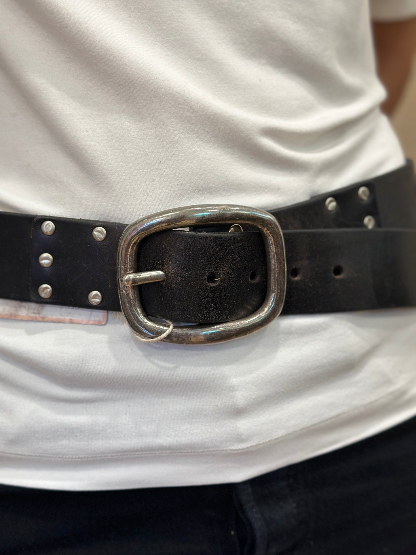 NO BRAND Leather Belt with Silver Buckle / XL