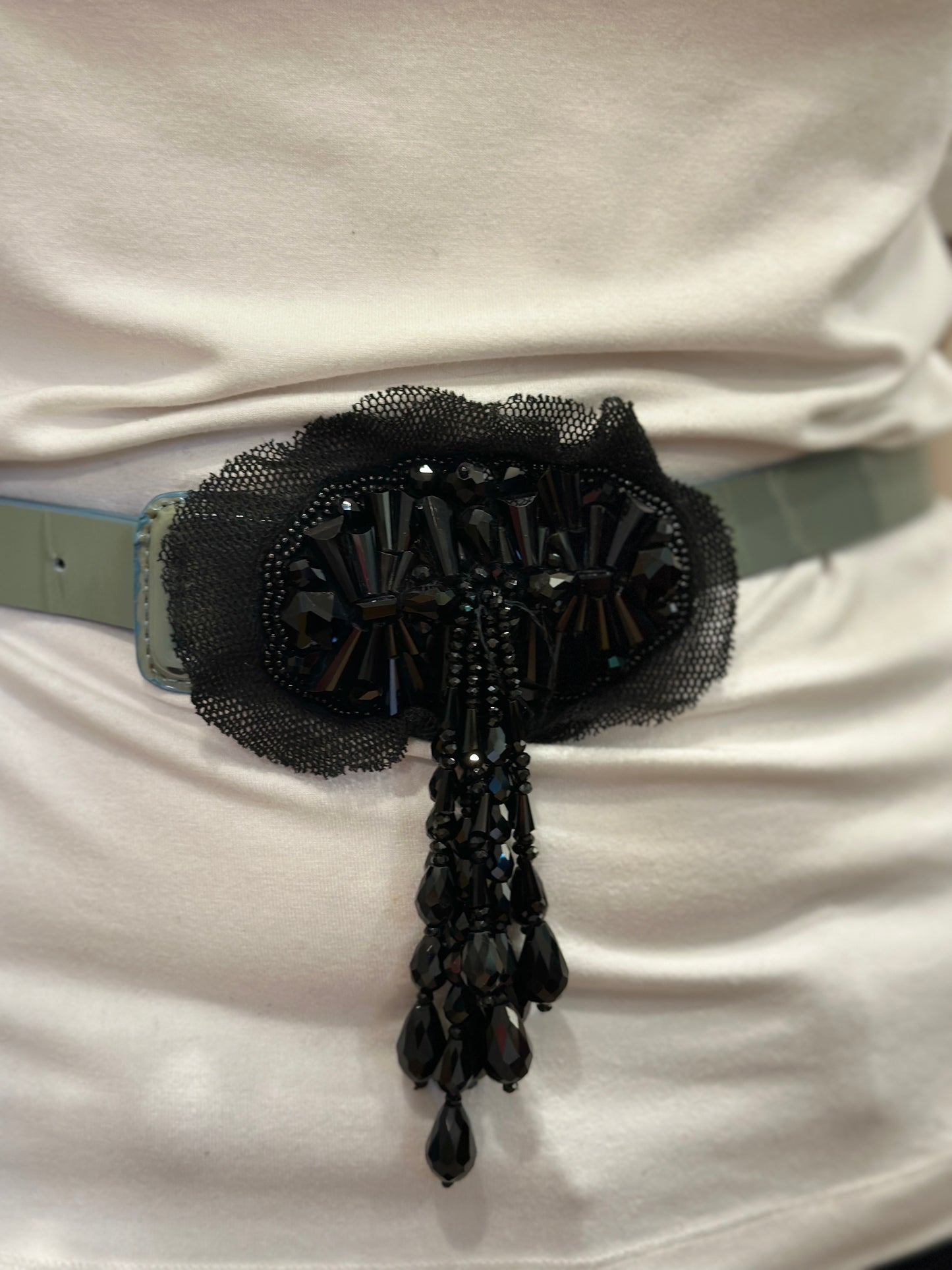 DRIES VAN NOTEN Patent Leather Belt with Beaded Flower