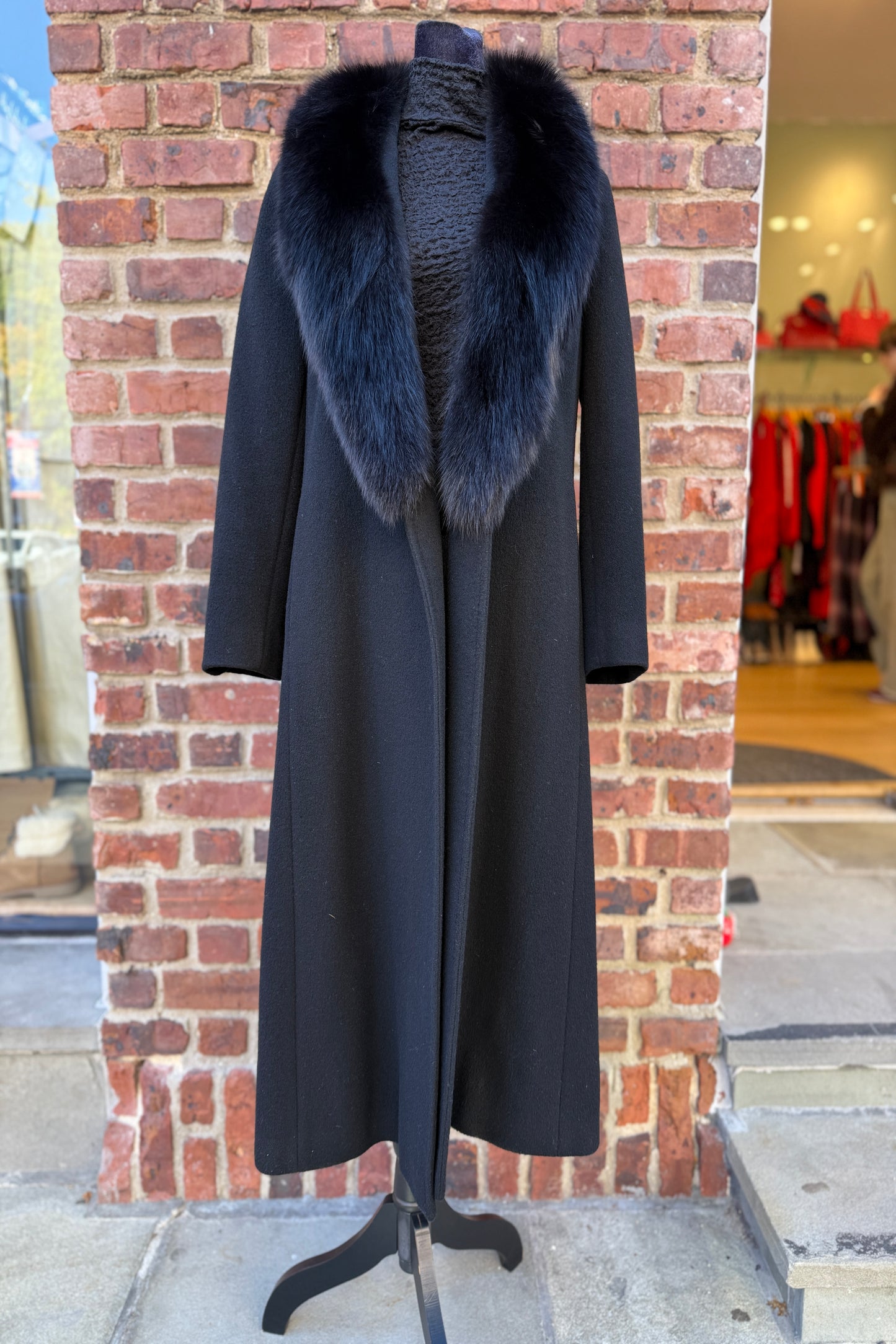 BILL BLASS Wool Long Coat with Fox Fur Collar / S