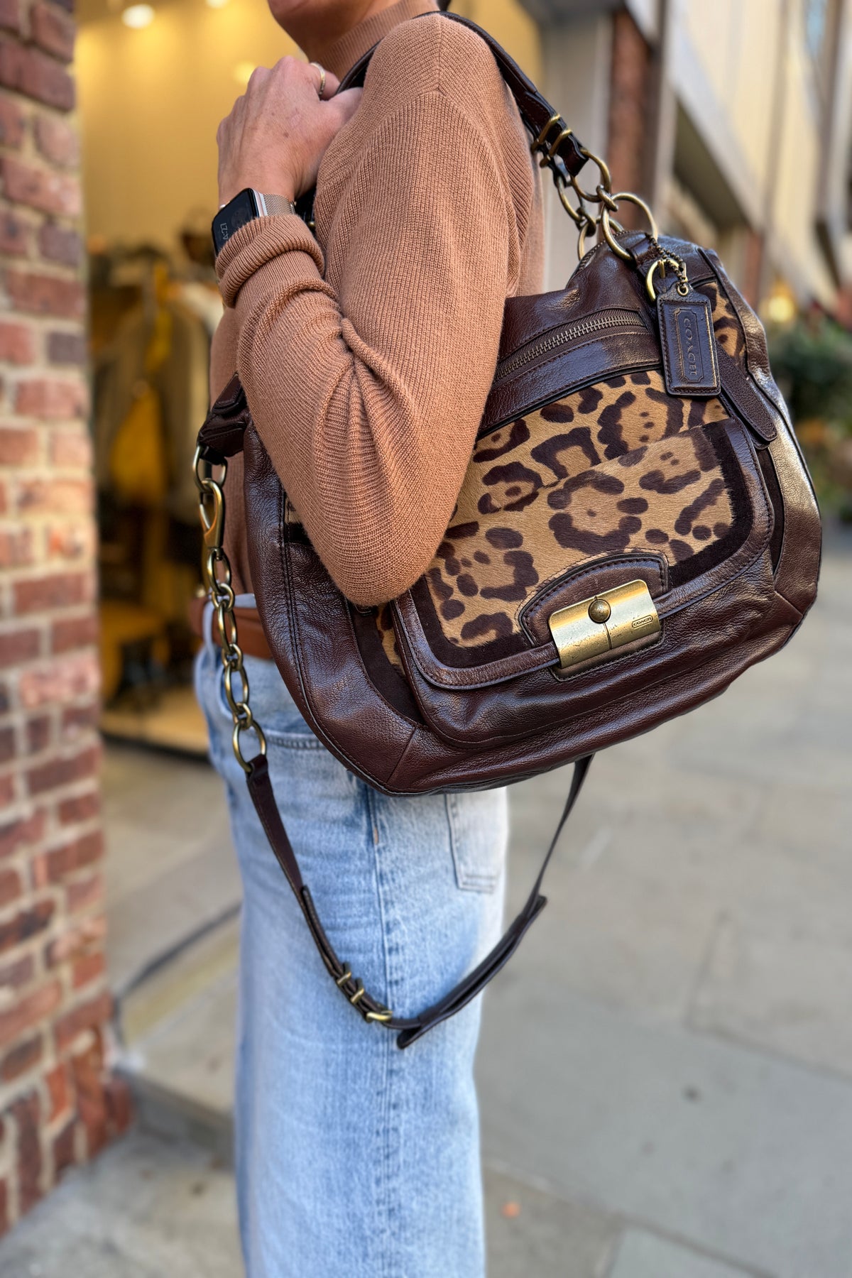 COACH Kristin Leather and Leopard printed Calf Hair Hobo Bag 