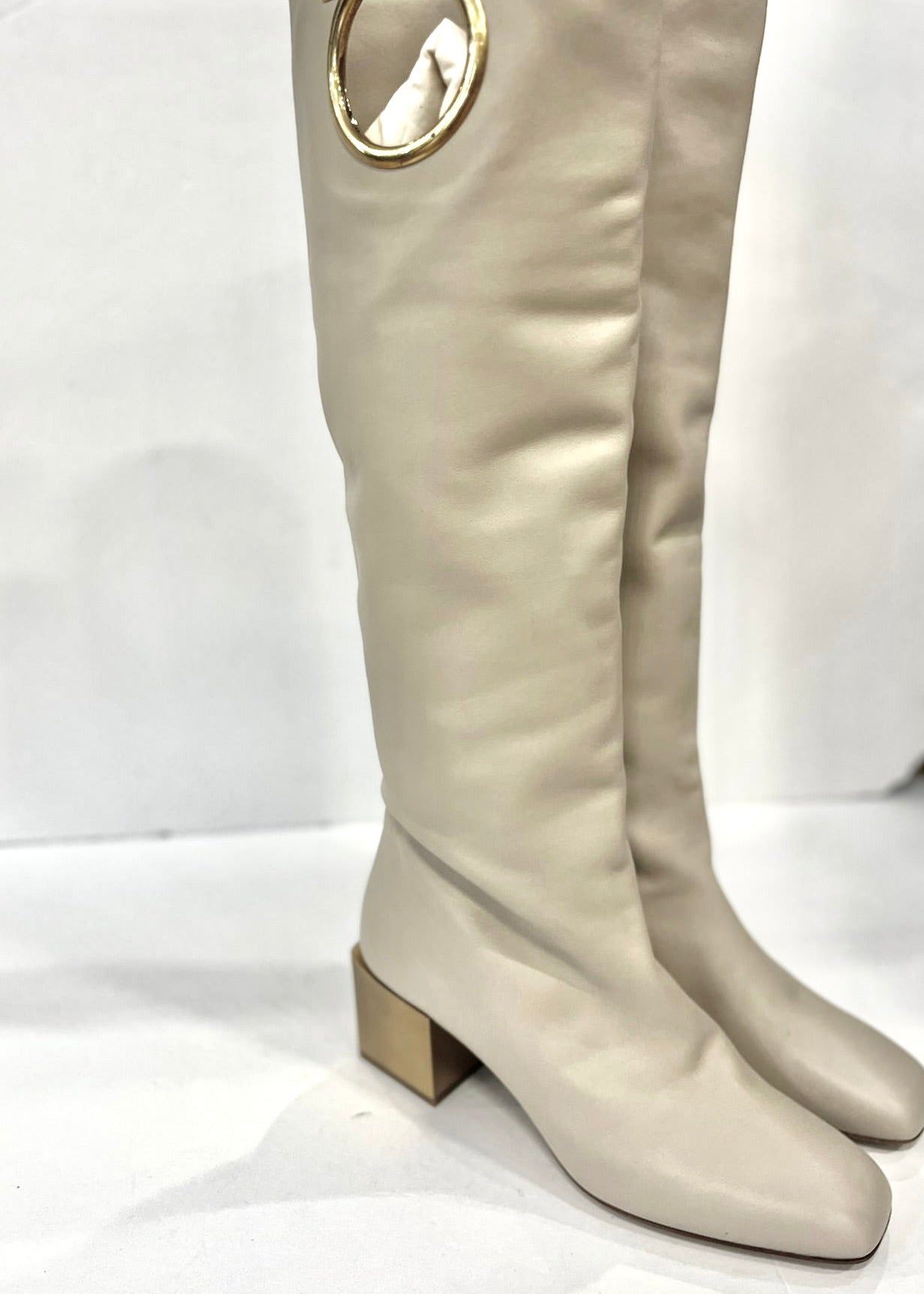 SALVATORE FERRAGAMO New Tall Leather Boots with gold heel / US8