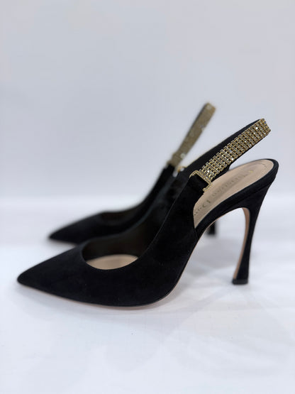 DIOR Black Suede Crystal Embelished Sling Back Pumps / US8-EU38.5