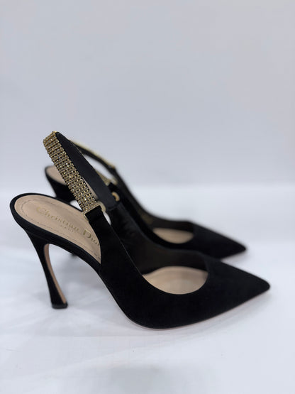 DIOR Black Suede Crystal Embelished Sling Back Pumps / US8-EU38.5