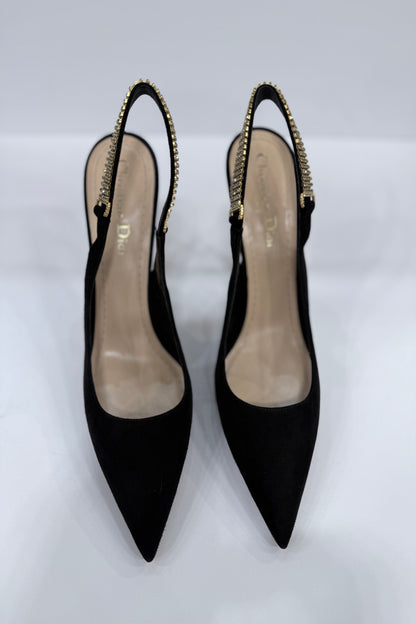 DIOR Black Suede Crystal Embelished Sling Back Pumps / US8-EU38.5