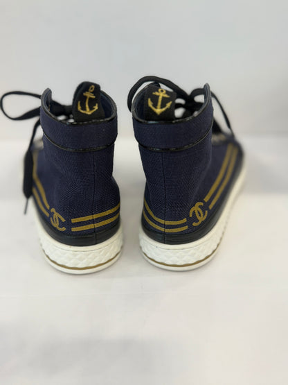 CHANEL HighTop Denim Navy Gold w. Black Leather Sneaker / US10- EUR41.5