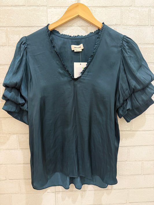ZADIG & VOLTAIRE Satin Puffy Short Sleeve Green Blouse / XS
