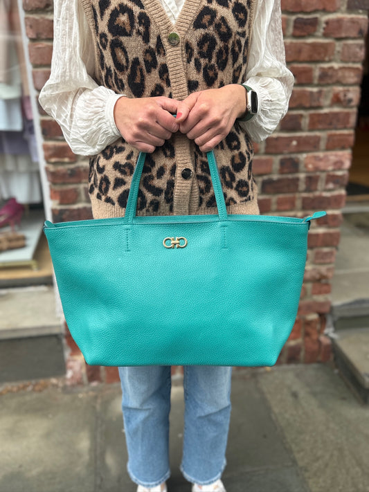 SALVATORE FERRAGAMO Turquoise Leather Tote