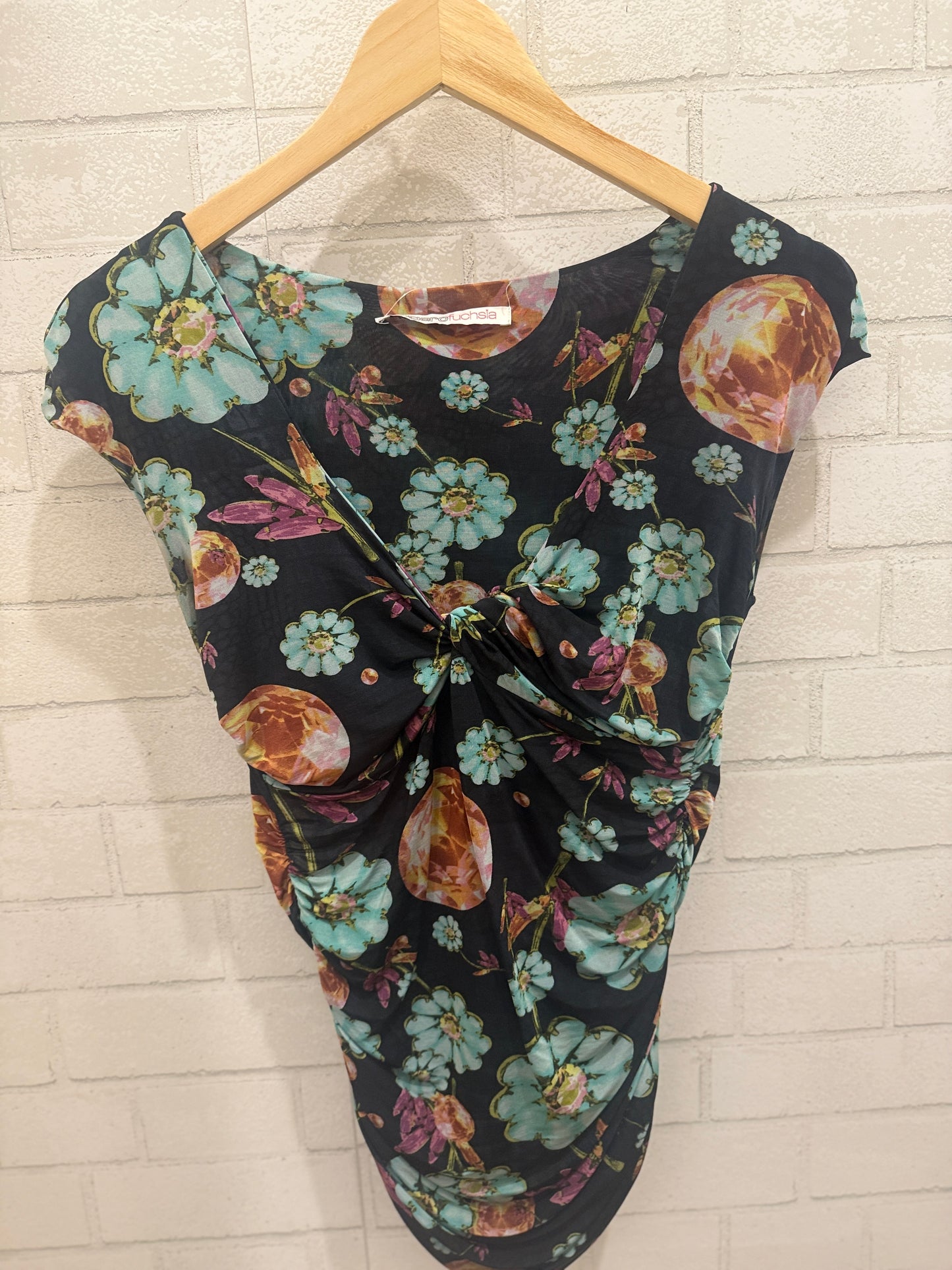 UNGARO FUCHSIA SS Flower&Jewels Print Black Top / S-38EUR