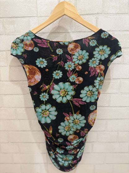 UNGARO FUCHSIA SS Flower&Jewels Print Black Top / S-38EUR