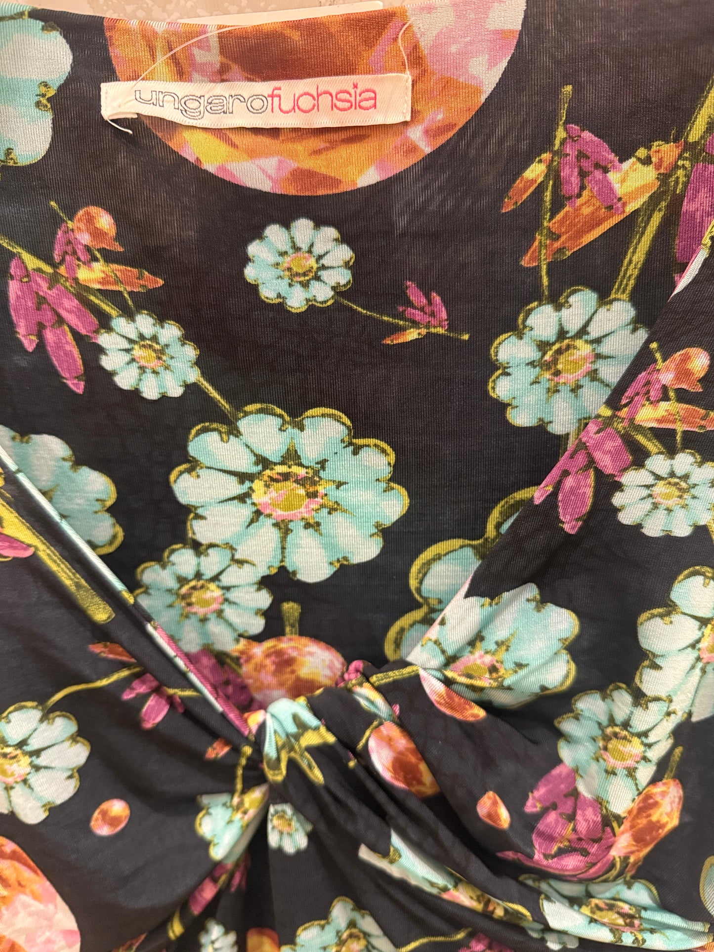 UNGARO FUCHSIA SS Flower&Jewels Print Black Top / S-38EUR