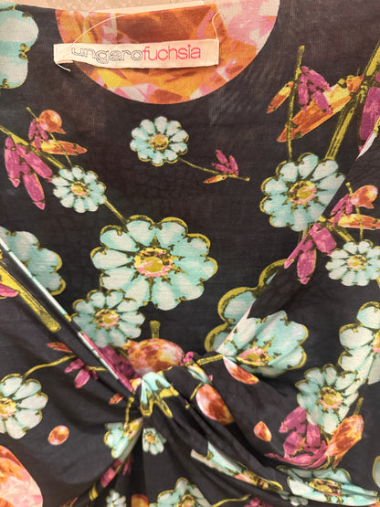 UNGARO FUCHSIA SS Flower&Jewels Print Black Top / S-38EUR