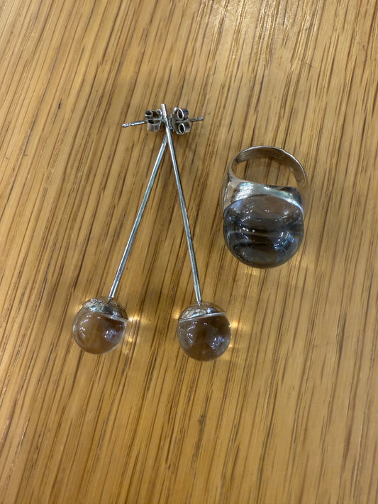 POYRAY Silver Pierced long earrings and Ring Set