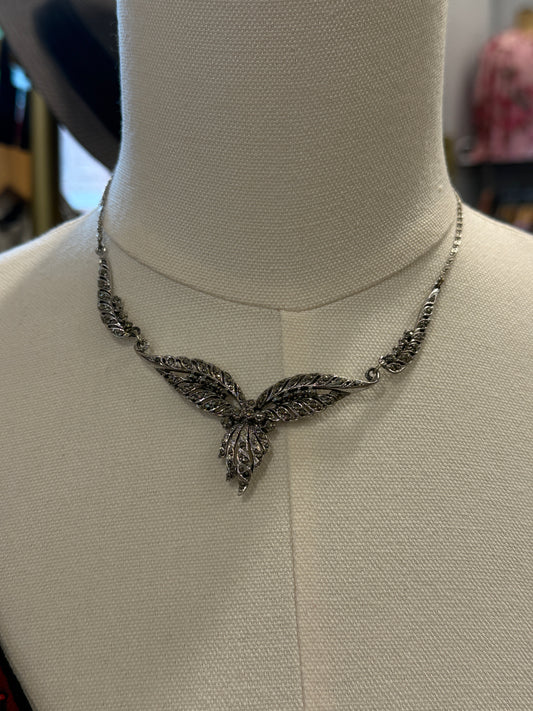 VINTAGE silver necklace with feather Marcasite design