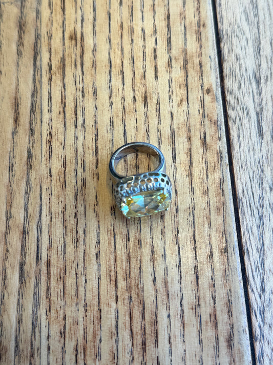 LOR AIME Silver Ring With Strass & Yellow Stone