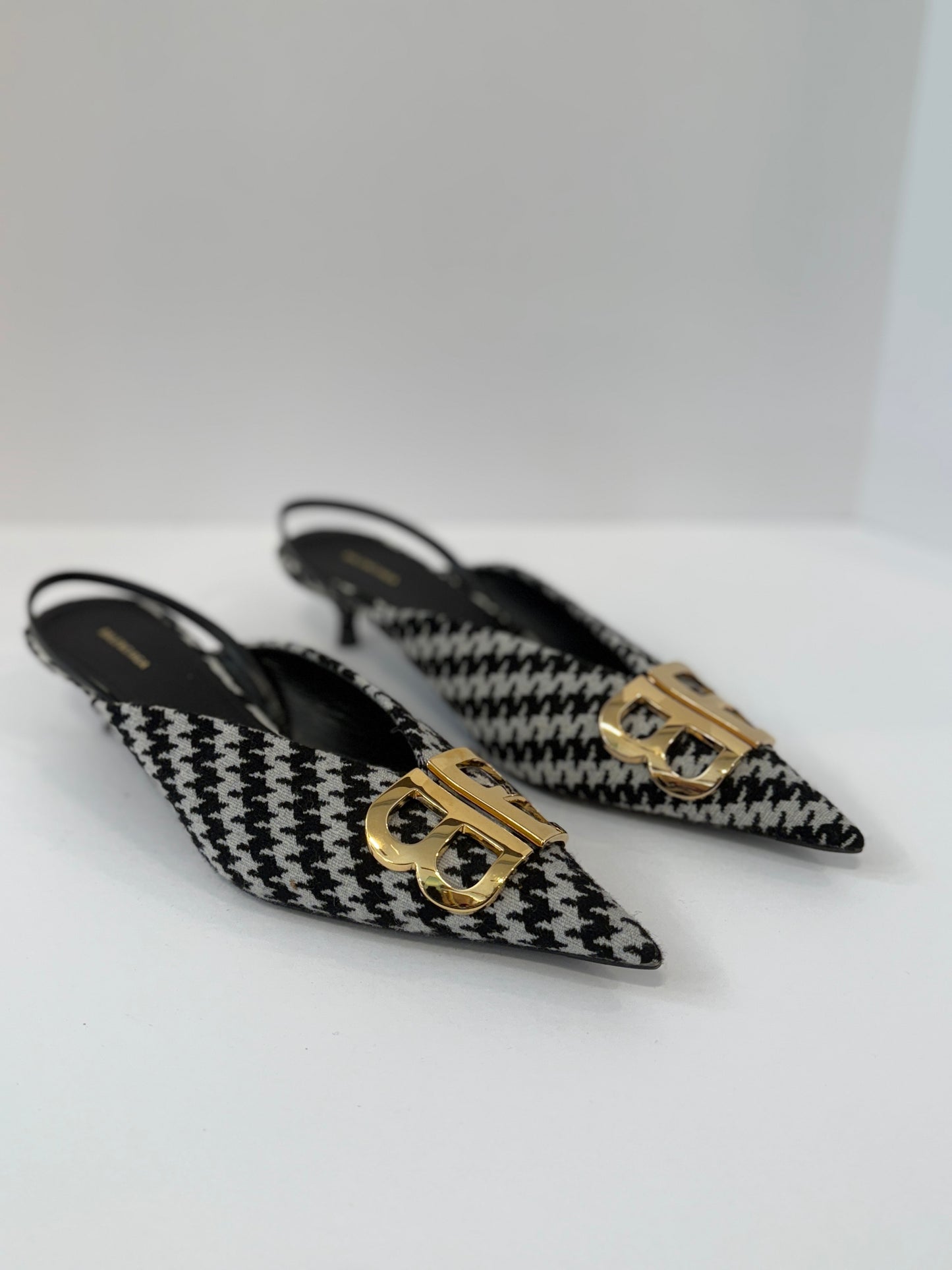 BALENCIAGA BB Knife Houdstooth Slingback Kitten Heels Shoes/ EU37- US6.5