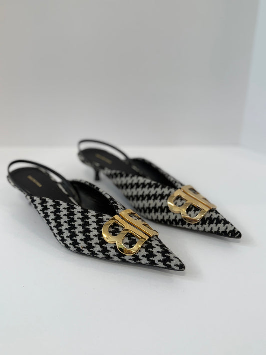 BALENCIAGA BB Knife Houdstooth Slingback Kitten Heels Shoes/ EU37- US6.5