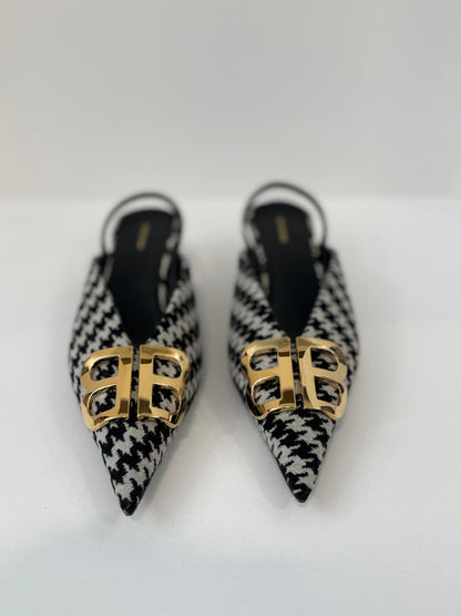 BALENCIAGA BB Knife Houdstooth Slingback Kitten Heels Shoes/ EU37- US6.5