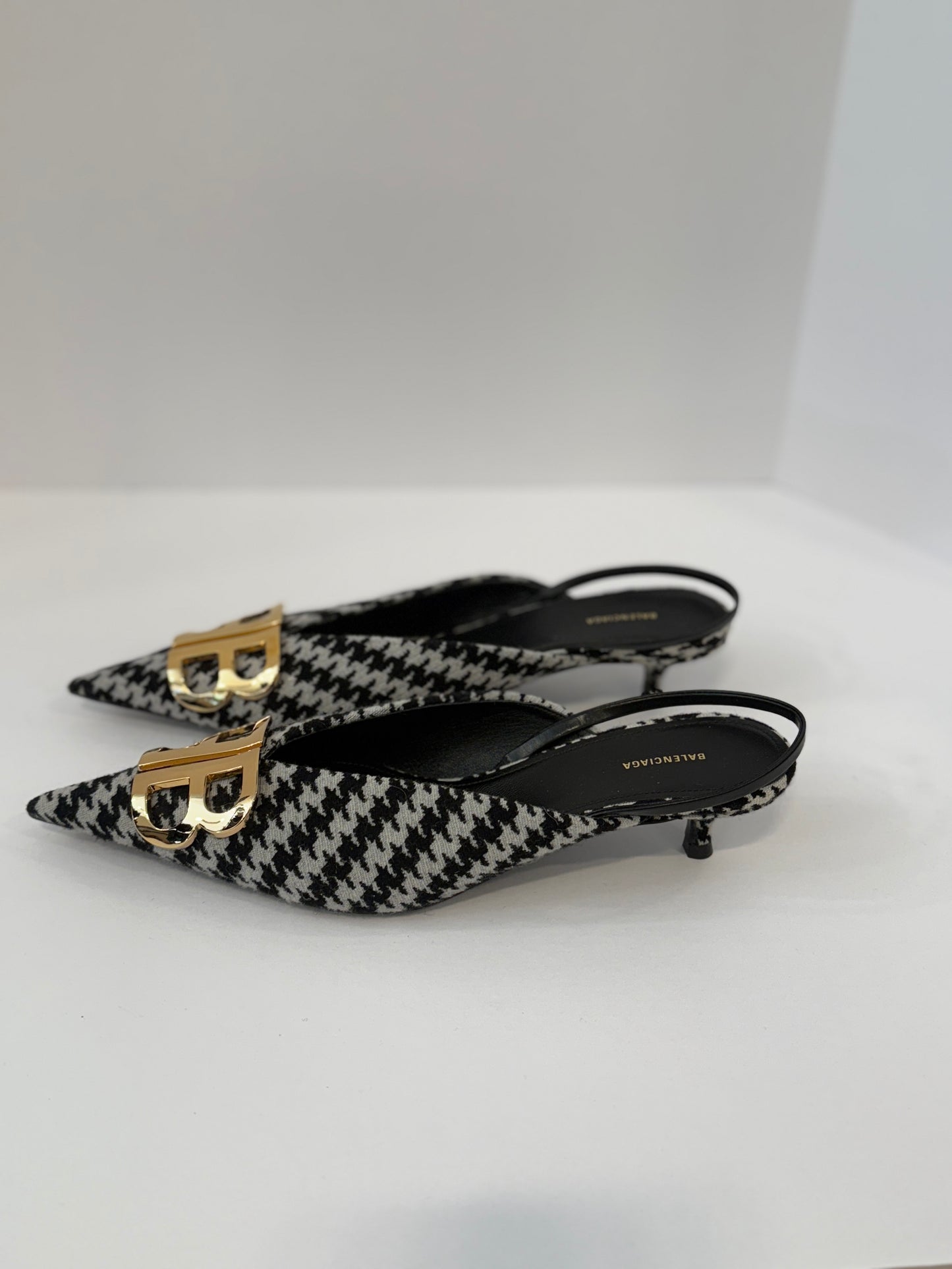 BALENCIAGA BB Knife Houdstooth Slingback Kitten Heels Shoes/ EU37- US6.5
