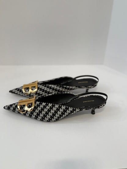 BALENCIAGA BB Knife Houdstooth Slingback Kitten Heels Shoes/ EU37- US6.5