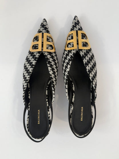 BALENCIAGA BB Knife Houdstooth Slingback Kitten Heels Shoes/ EU37- US6.5